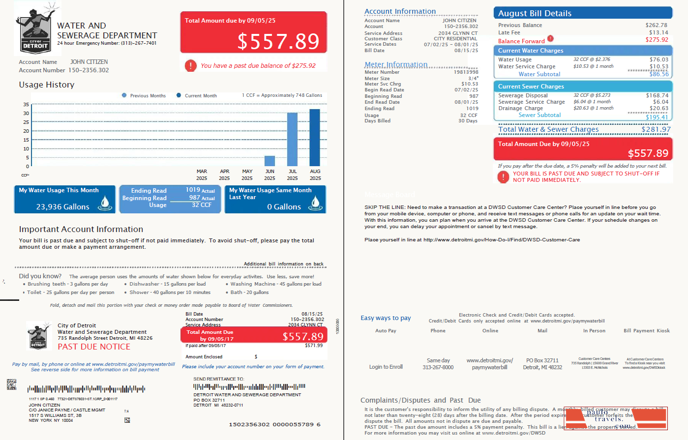 USA Detroit Water and Sewerage Department utility bill template in Word and PDF formats, 2 pages, version 3